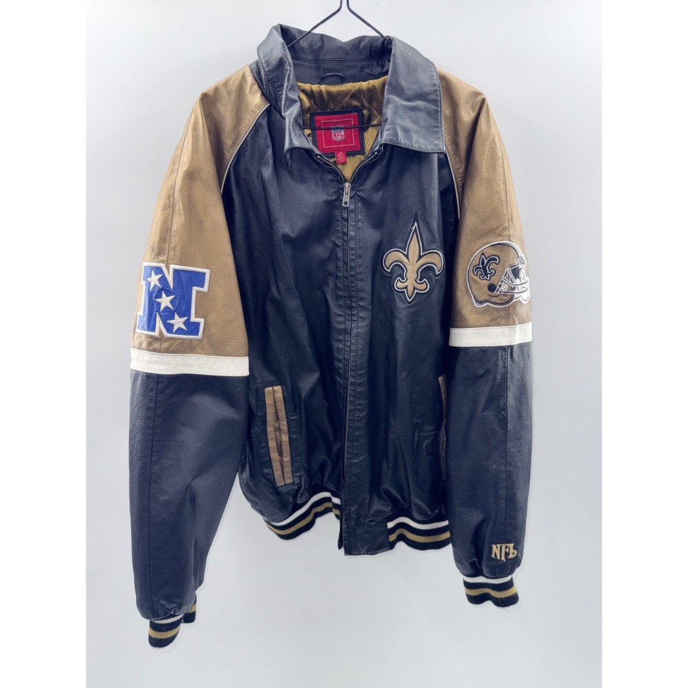 NFL New Orleans Saints Leather Varsity Jacket Mens Large Black Gold